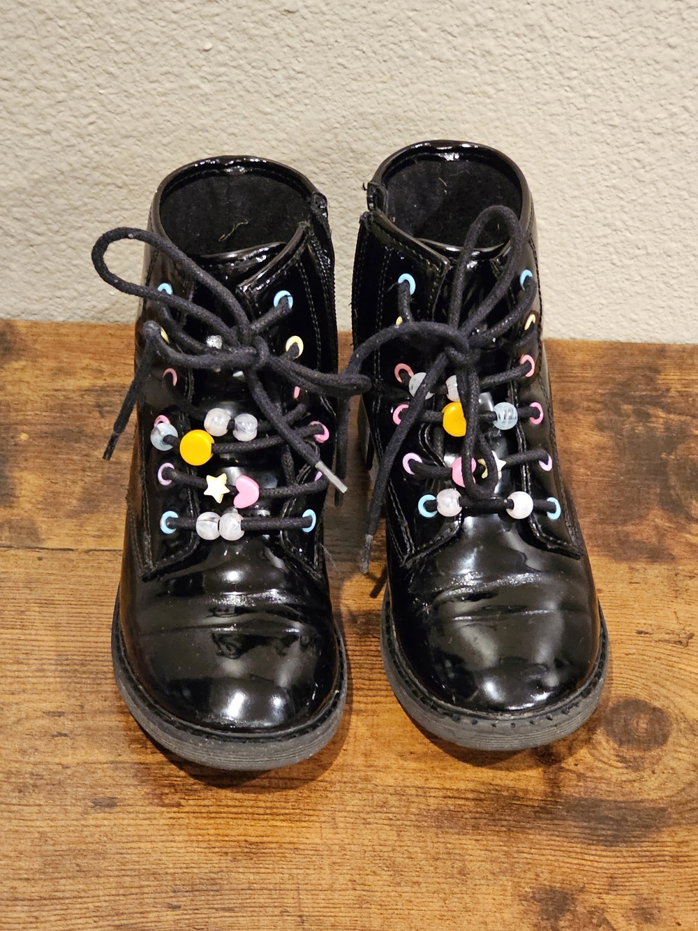 Children's Place Black Lace-Up Boots with Colorful Bead Accents